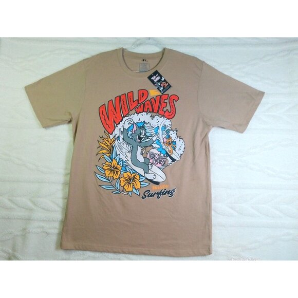 Tom And Jerry T-Shirt Graphic Mens Tee XL "Wild Waves Malibu Surfing" Latte - Picture 1 of 5